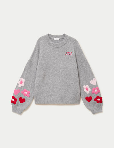 Pull oversize broderie col rond gris clair femme