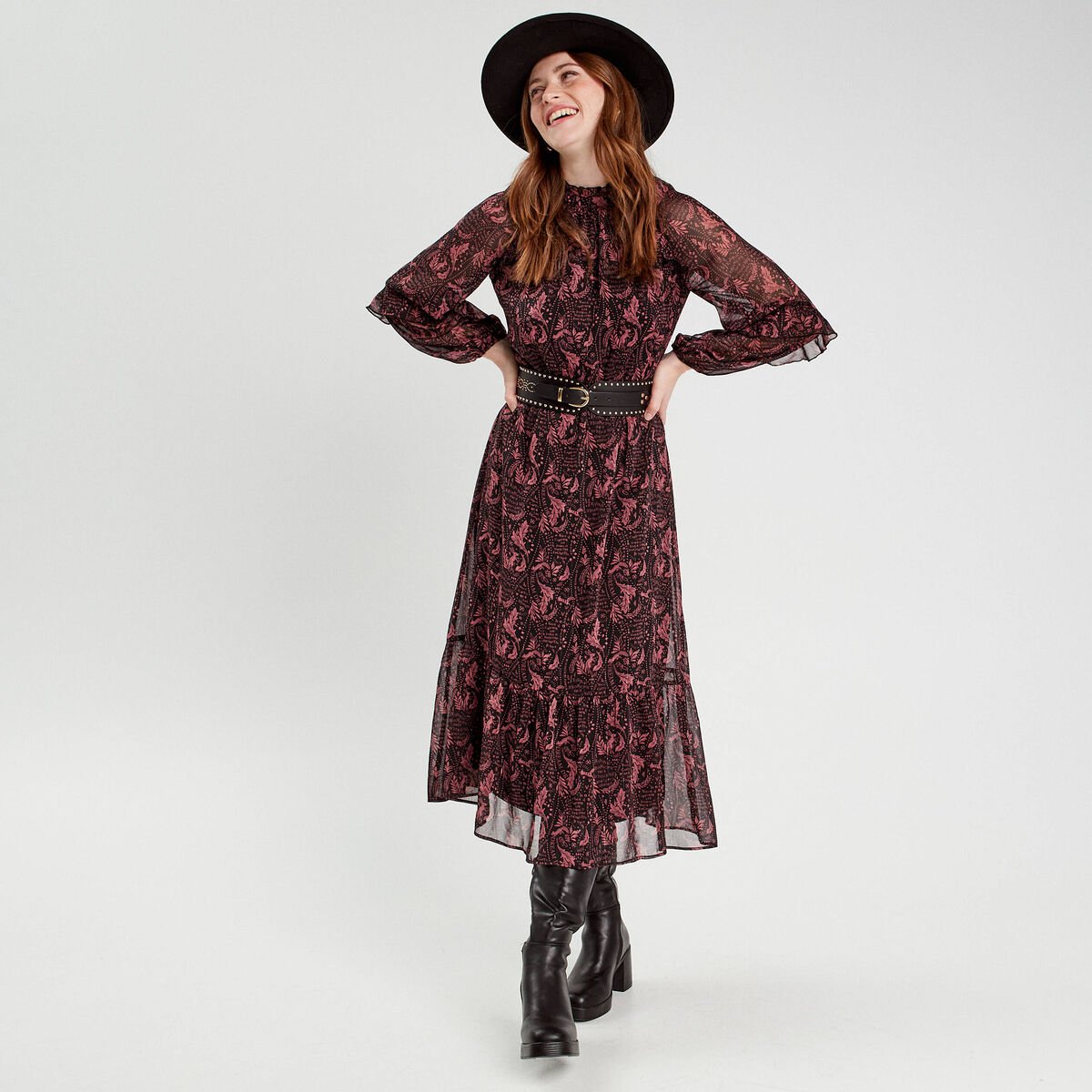 Robe longue évasée noir femme