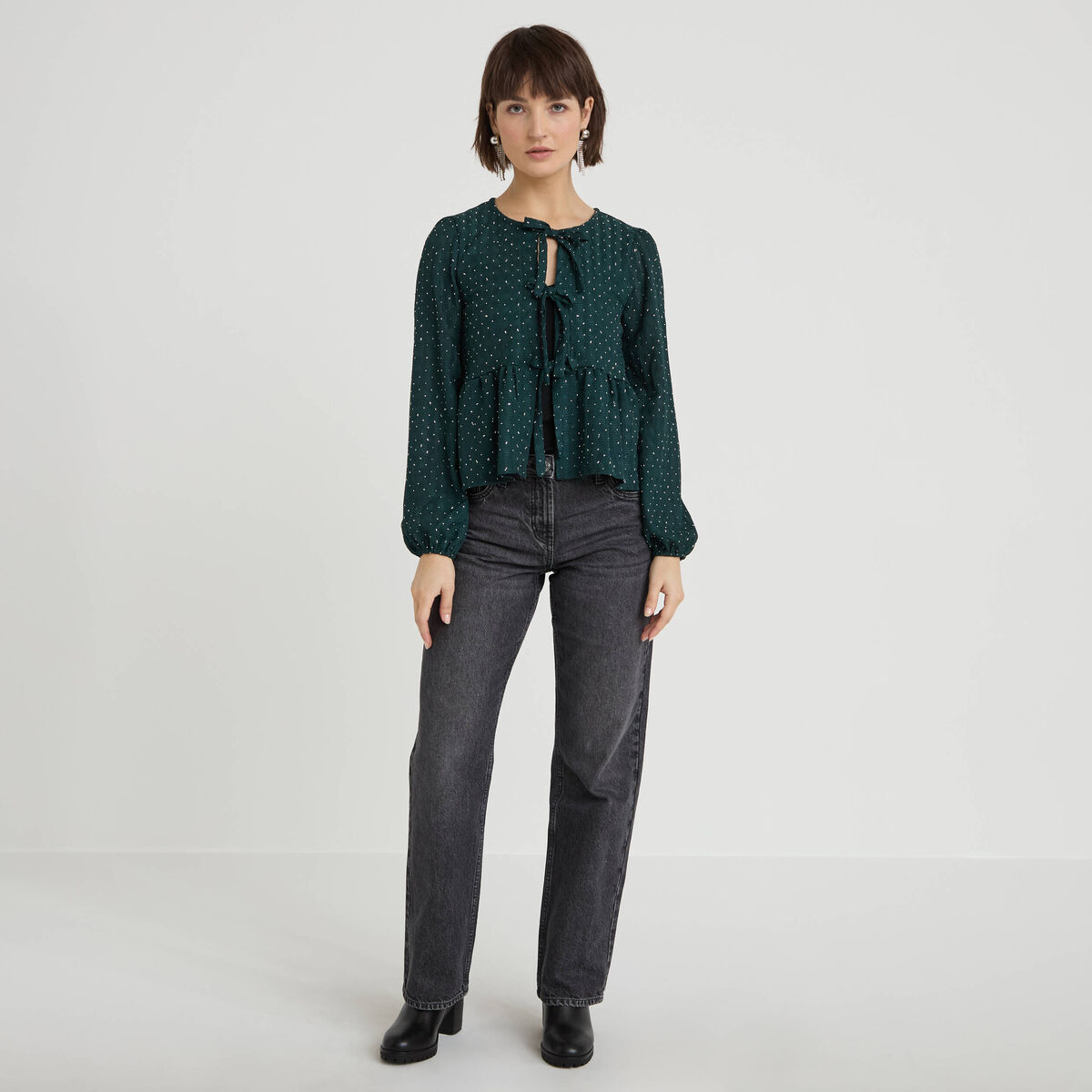 Blouse nou&eacute;e strass vert fonc&eacute; femme