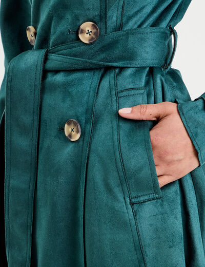 Trench long cintré suédine bleu canard femme
