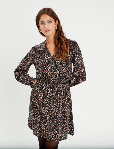 Robe évasée détails dentelle noir femme