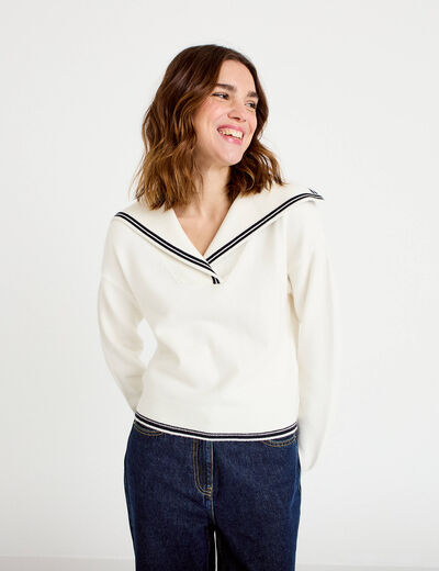 Pull col marin manches longues ecru femme