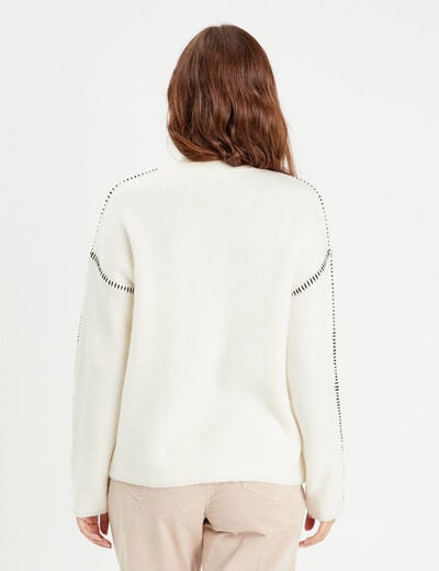 Pull brodé col montant ecru femme