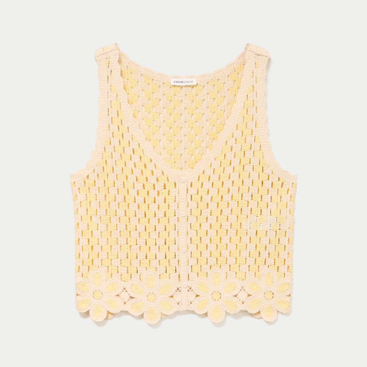 D&eacute;bardeur col v aspect dentelle jaune clair femme