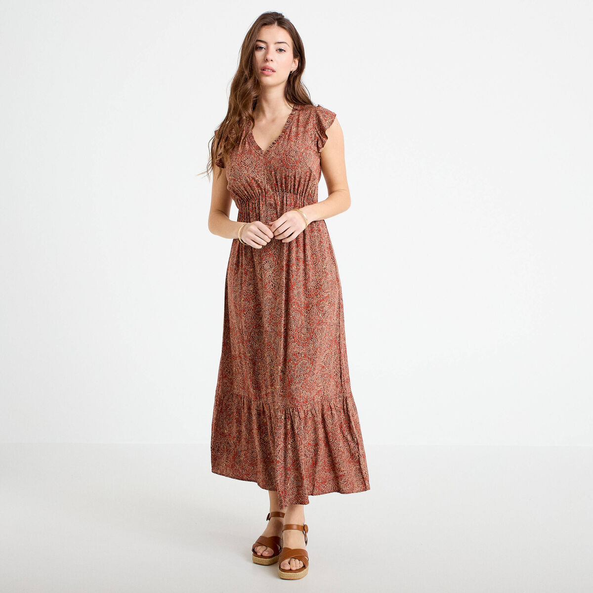 Robe longue &eacute;vas&eacute;e col v manches courtes rouge fonc&eacute; femme