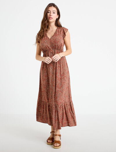 Robe longue &eacute;vas&eacute;e col v manches courtes rouge fonc&eacute; femme