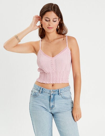 Blouse broderie anglaise rose poudrée femme