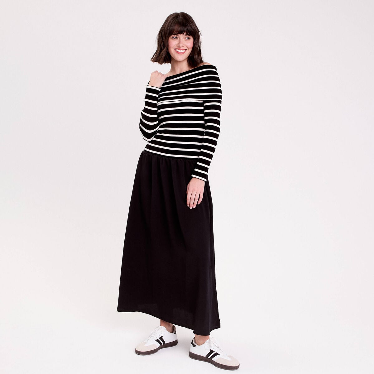 Robe longue effet 2-en-1 col bardot blanc femme