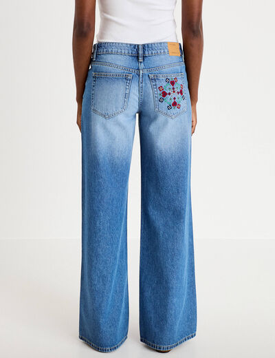 Jean wide leg taille basse broderie denim stone femme