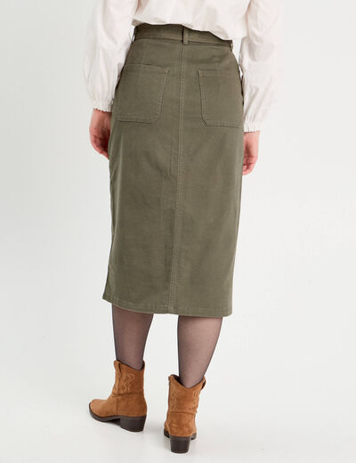 Jupe midi droite ceinturée vert kaki femme