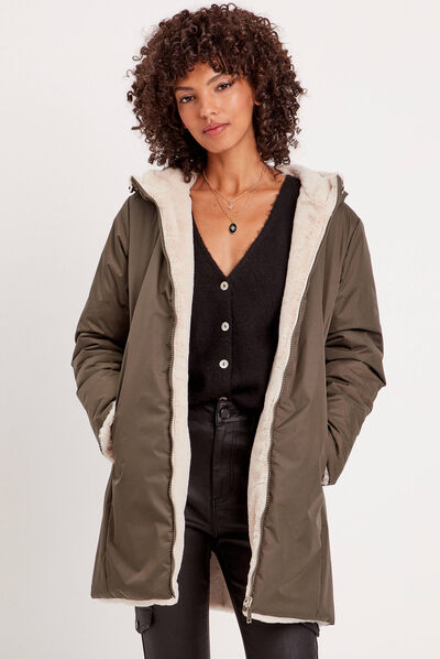 Parka réversible à capuche vert kaki femme