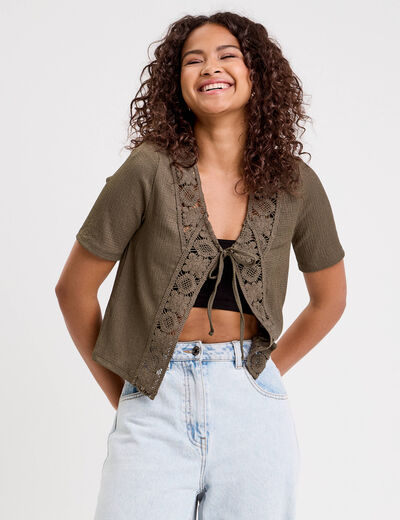 Blouse manches courtes nouée vert kaki femme
