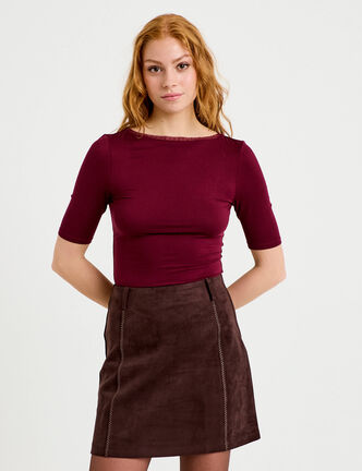 T-shirt ajust&eacute; manches courtes bordeaux femme