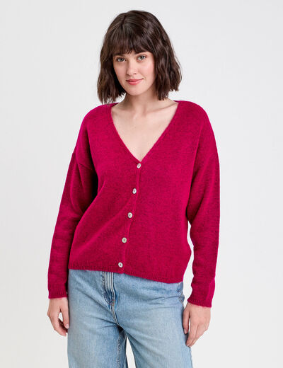 Gilet boutonné avec col en V rose fushia femme