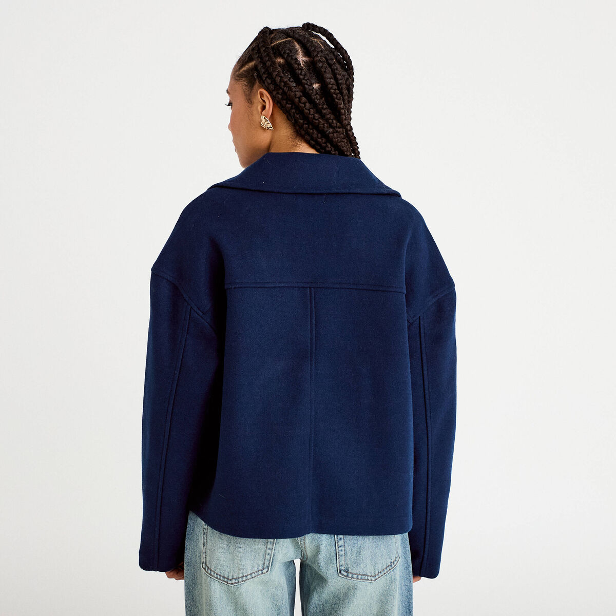 Caban court oversize col tailleur bleu marine femme