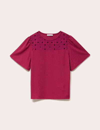 T-shirt manches courtes aspect dentelle rouge femme
