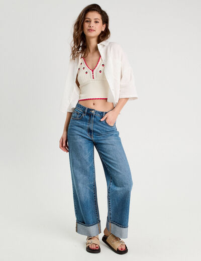 Crop top tricot brodé ecru femme