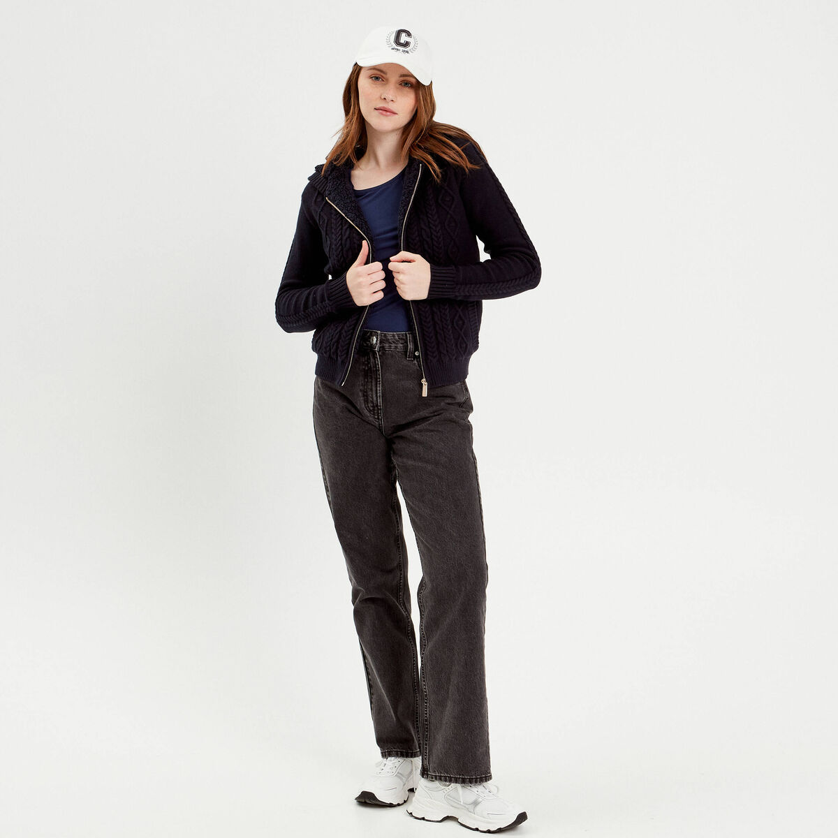 Gilet &agrave; capuche zipp&eacute; bleu marine femme