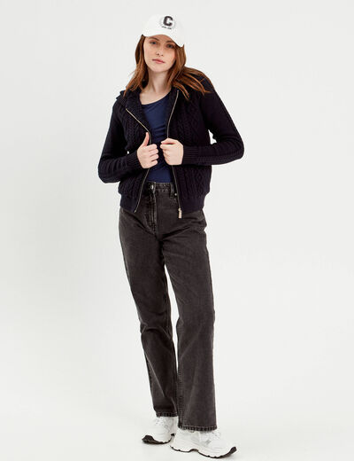 Gilet &agrave; capuche zipp&eacute; bleu marine femme