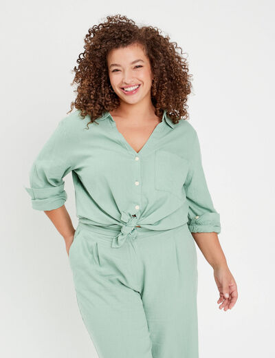 Chemise manches longues contenant du lin vert olive femme