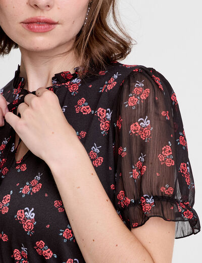 Blouse col V manches courtes noir femme