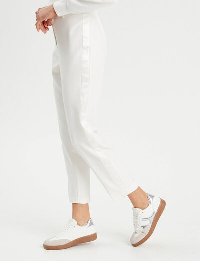 Pantalon carotte bandes satin ecru femme