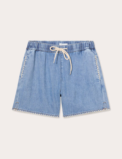 Short flare brodé en jean denim double stone femme