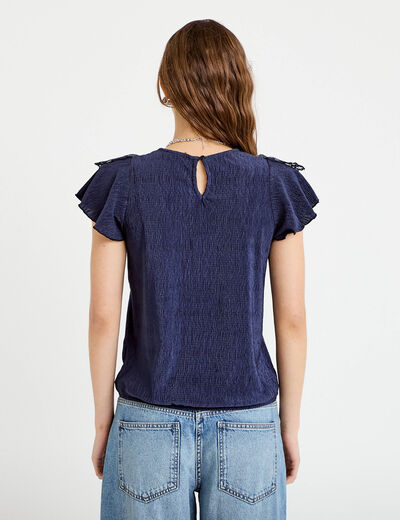 Blouse col v manches courtes dentelle bleu marine femme
