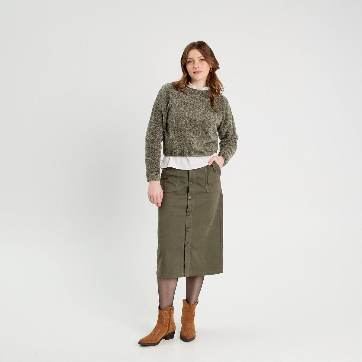 Pull col montant vert kaki femme