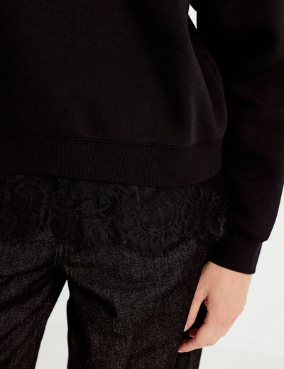 Sweat droit col rond d&eacute;tail dentelle noir femme
