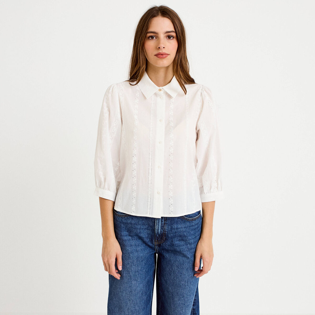 Chemise droite col classique manches 3/4 ecru femme