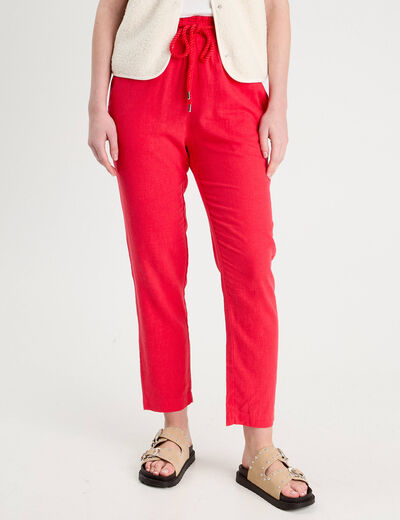 Pantalon droit fluide contenant du lin rouge femme