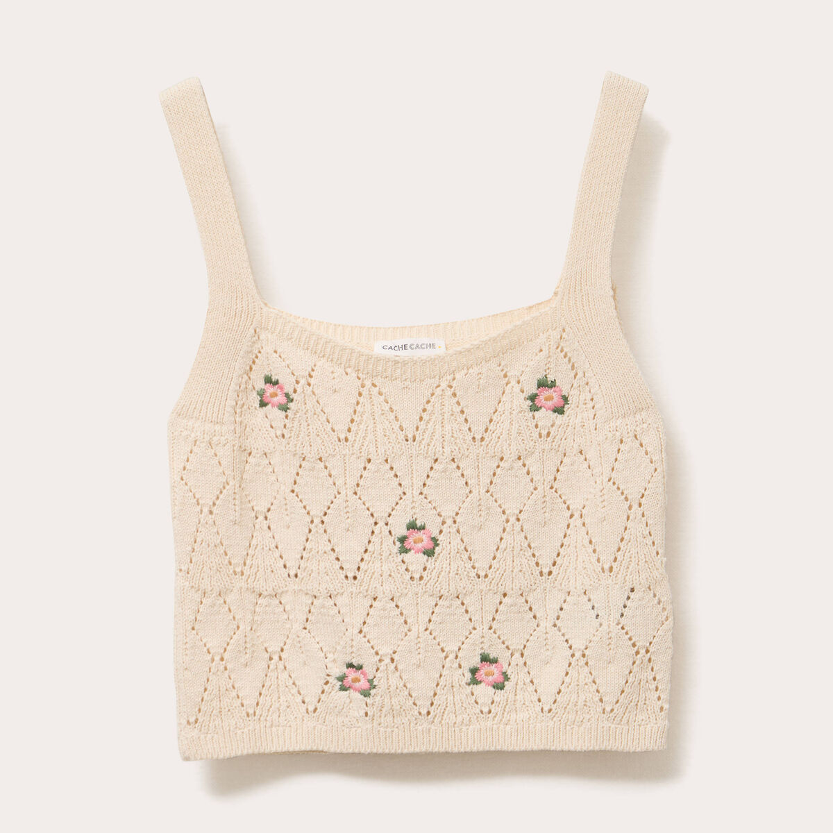 Débardeur tricot brodé ecru femme