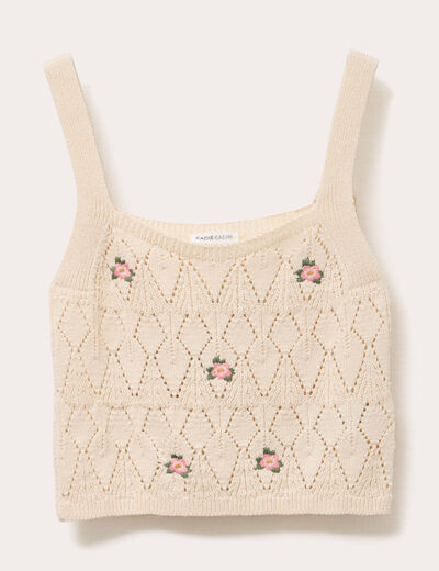 Débardeur tricot brodé ecru femme