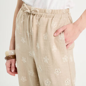 pantalon large brode taupe femme Pantalon large brodé taupe femme