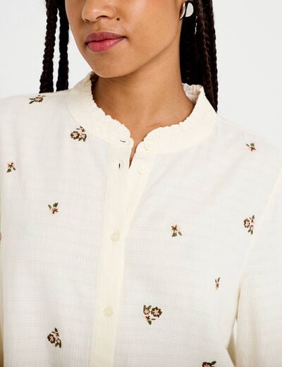 Blouse droite courte col v broderie ivoire femme