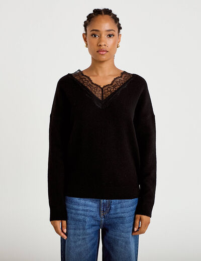 Pull col v manches longues dentelle noir femme