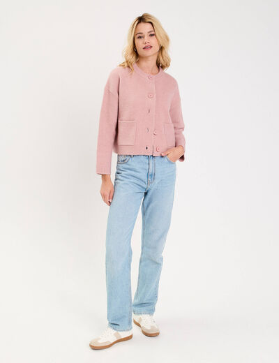 Gilet bouclette col rond manches longues rose poudr&eacute;e femme