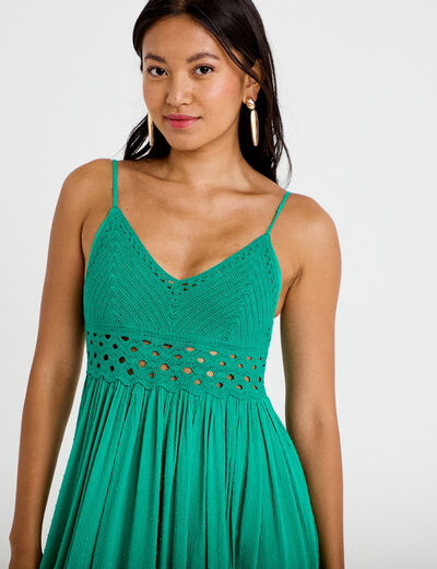 Robe longue bi-mati&egrave;re col v vert femme
