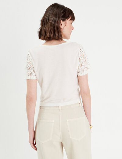 Gilet macramé boutonné ecru femme
