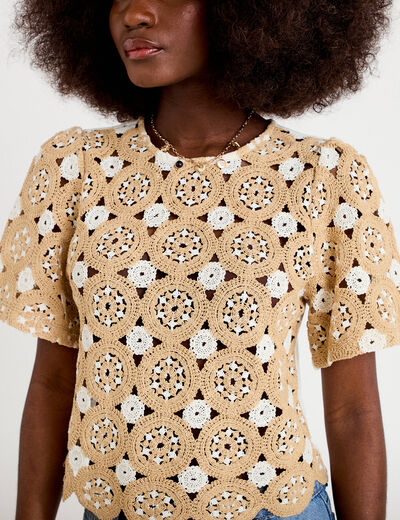 T-shirt manches courtes aspect dentelle sable femme