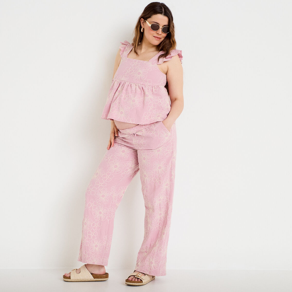 Pantalon large taille standard rose clair femme