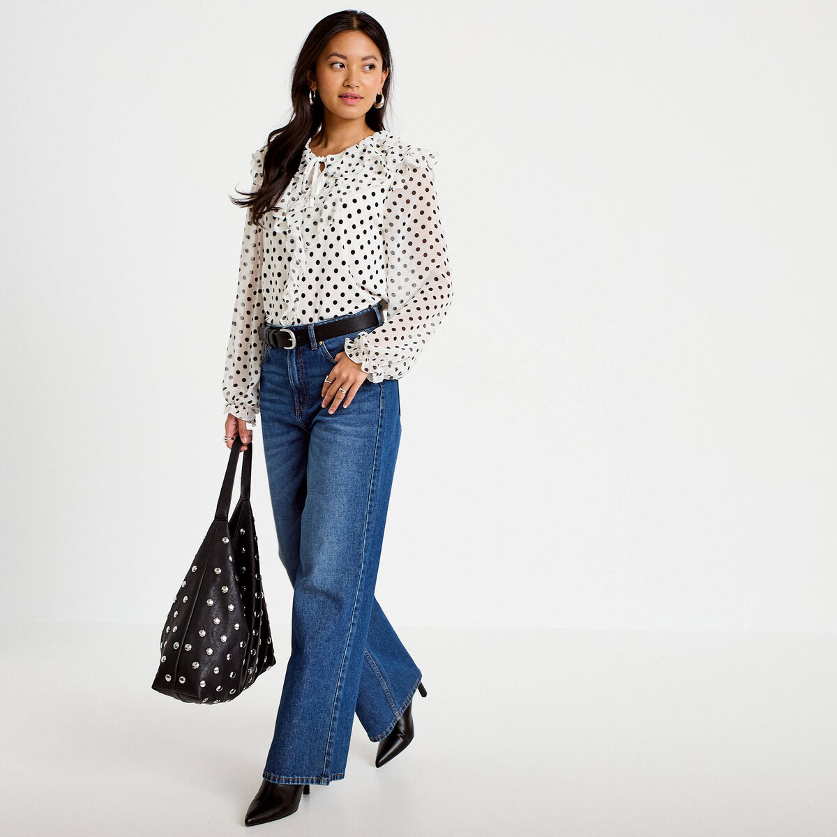 Jeans wide leg taille haute bleu fonc&eacute; femme