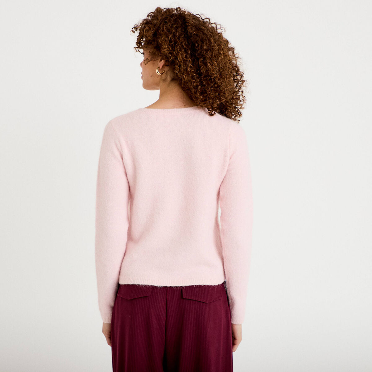 Gilet col rond manches longues rose clair femme