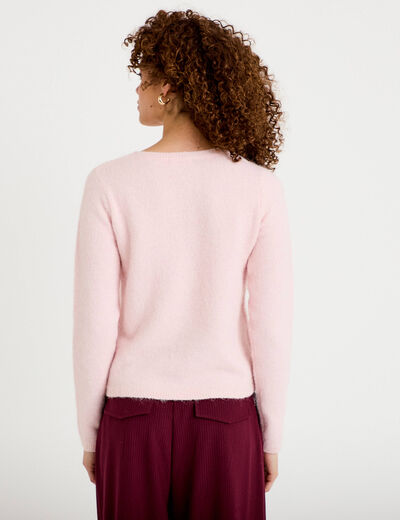 Gilet col rond manches longues rose clair femme