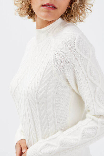 Robe pull droite avec torsades ecru femme
