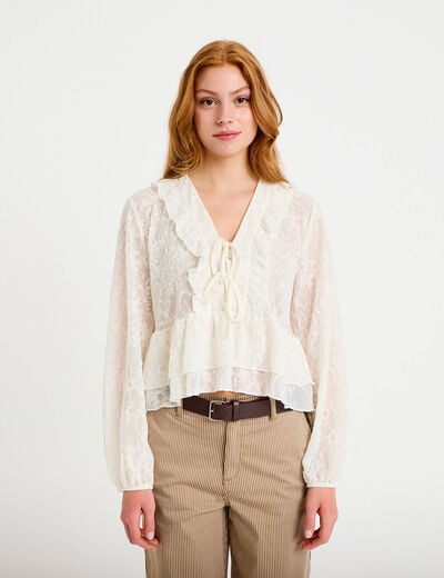 Blouse col v manches longues ecru femme