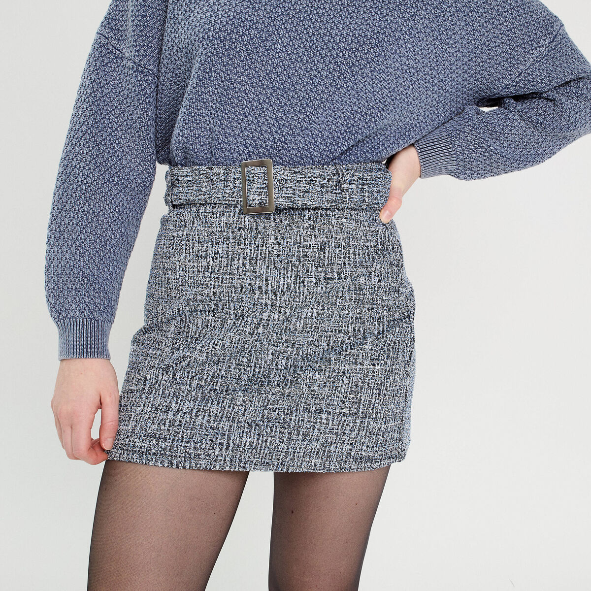 Jupe évasée tweed bleu femme