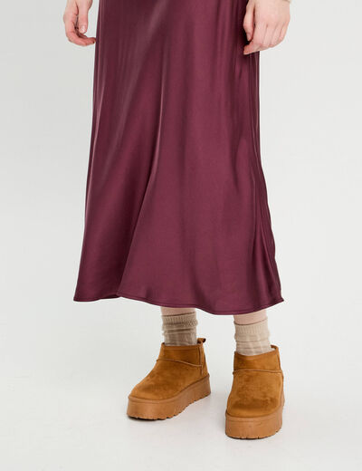 Jupe midi droite effet satin prune femme