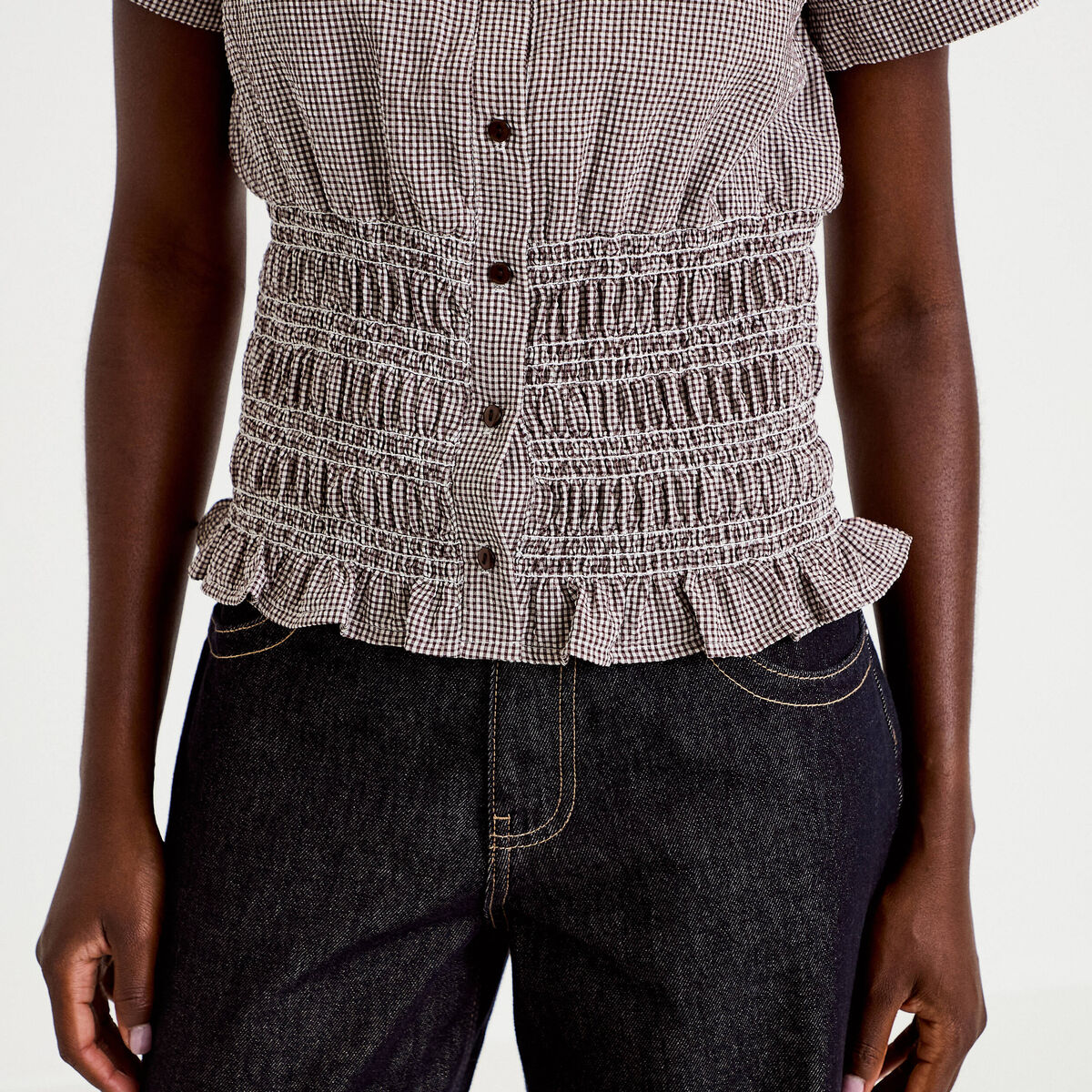 Chemise cintr&eacute;e manches courtes marron femme